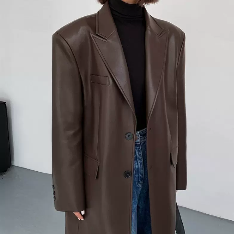 黑色中长款皮衣女2026春秋季时尚新款宽松过膝pu皮西装外套大衣潮