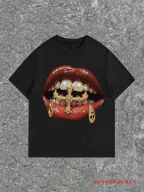 【Cross-border European size】Unisex cotton t-shirt with millennium lips and teeth graphic print, casual and loose-fitting 【Cross-border European size】Unisex cotton t-shirt with millennium lips and teeth graphic print, casual and loose-fitting