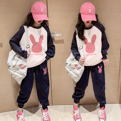 Girls suit pure cotton Korean style stitching contrasting color rabbit 2023 spring new style two-piece set for middle and older children factory direct sale