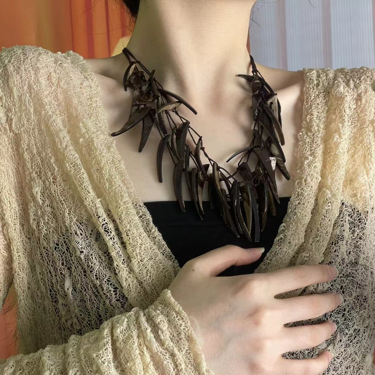 民族风椰壳狼牙波西米亚风项链编制古棕色手工复古项链