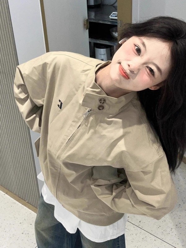 美式工装卡其色拉链开衫短外套女春秋冬新款设计感百搭棒球服上衣|undefined