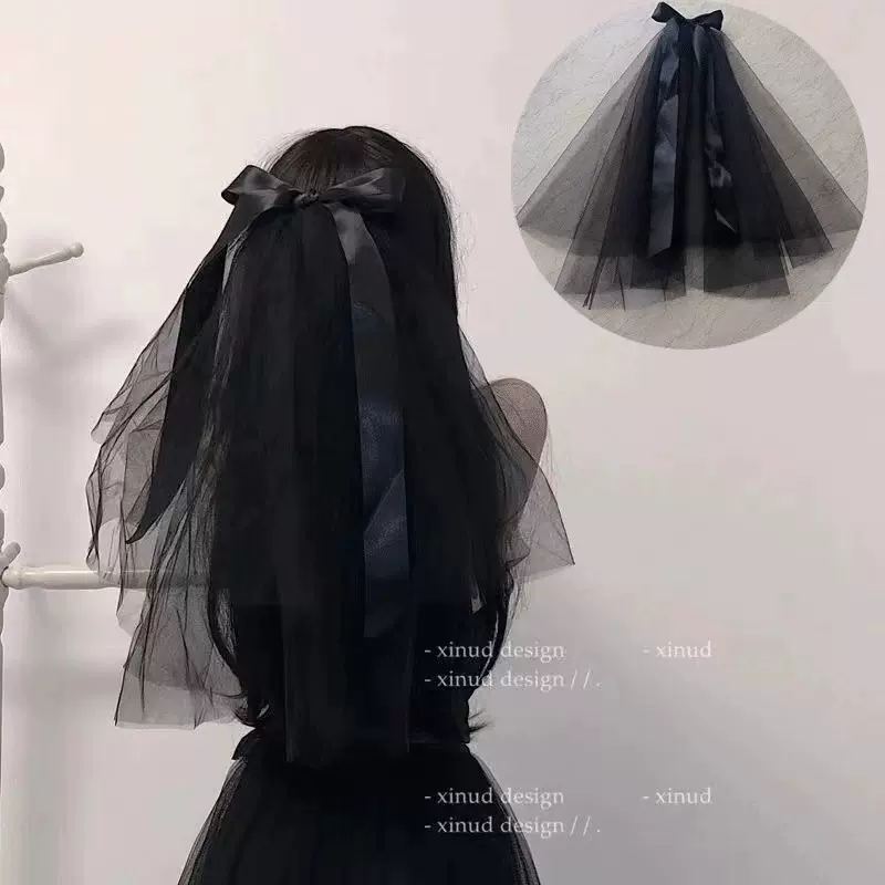 头纱网红拍照黑色蝴蝶结万圣节头饰道具哥特在逃公主发饰发光头纱