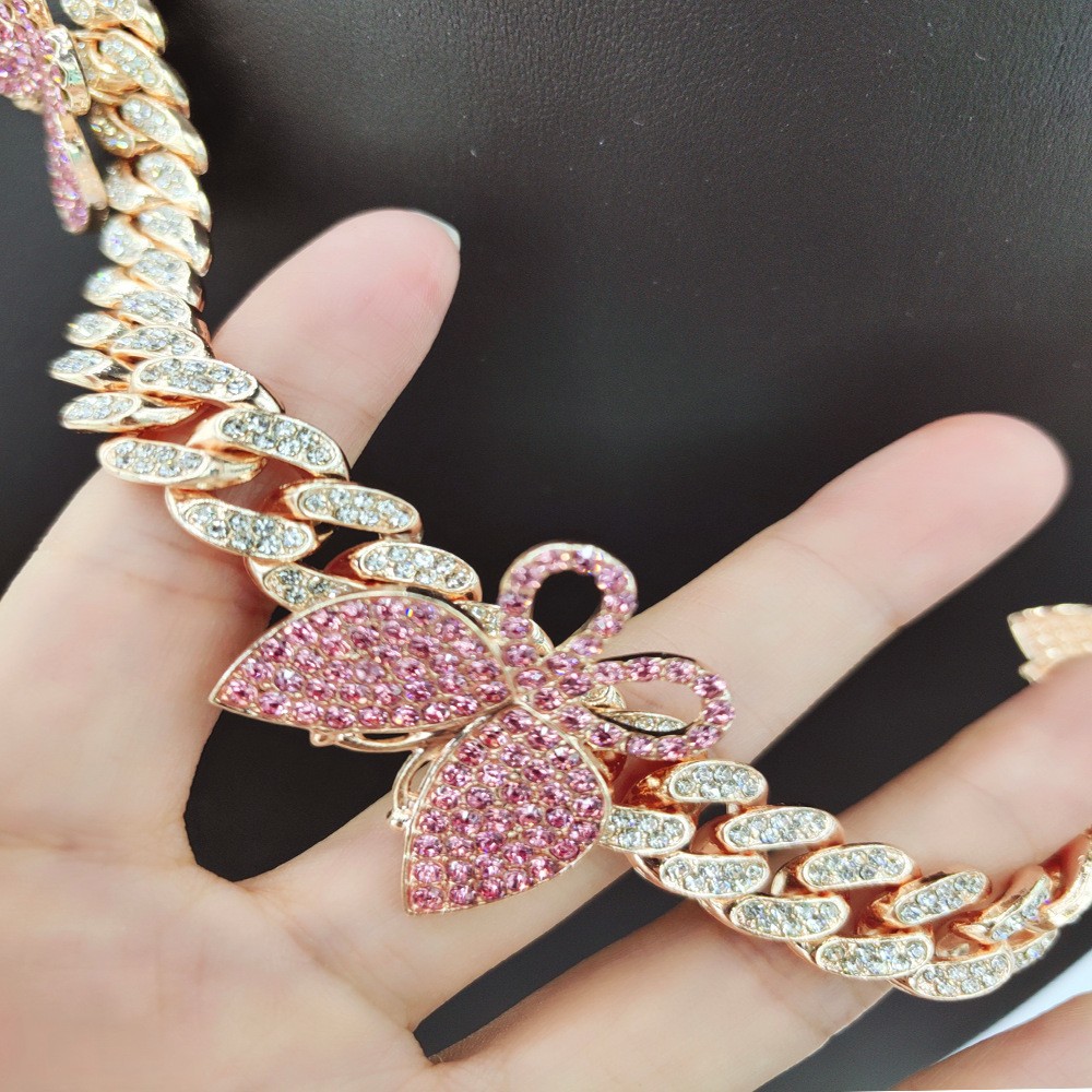 Instagram style personalized full Cuban necklace water diamond butterfly collarbone neck chain hip-hop jewelry_voghion.com