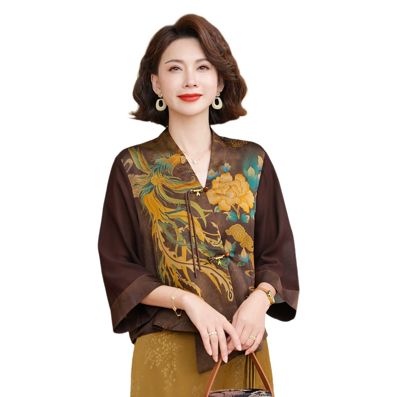 Среднего и пожилого возраста женская одежда свободный корейский стиль большой размер темперамент элегантный принт имитация шелковая футболка женский топ кардиган