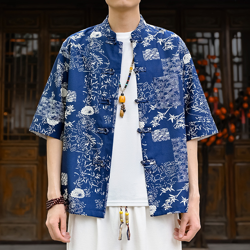 Ink Painting Chinese Style Cardigan Shirt for Men, Summer Stand Collar Thin Ice Silk Shirt with Button Closure C32H-P55