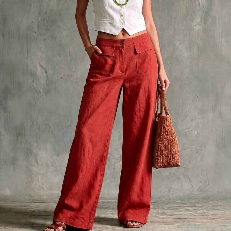 European and American style large pocket linen wide-leg pants for women, high-waisted loose yellow cotton-linen straight pants, vacation casual style European and American style large pocket linen wide-leg pants for women, high-waisted loose yellow cotton-linen straight pants, vacation casual style