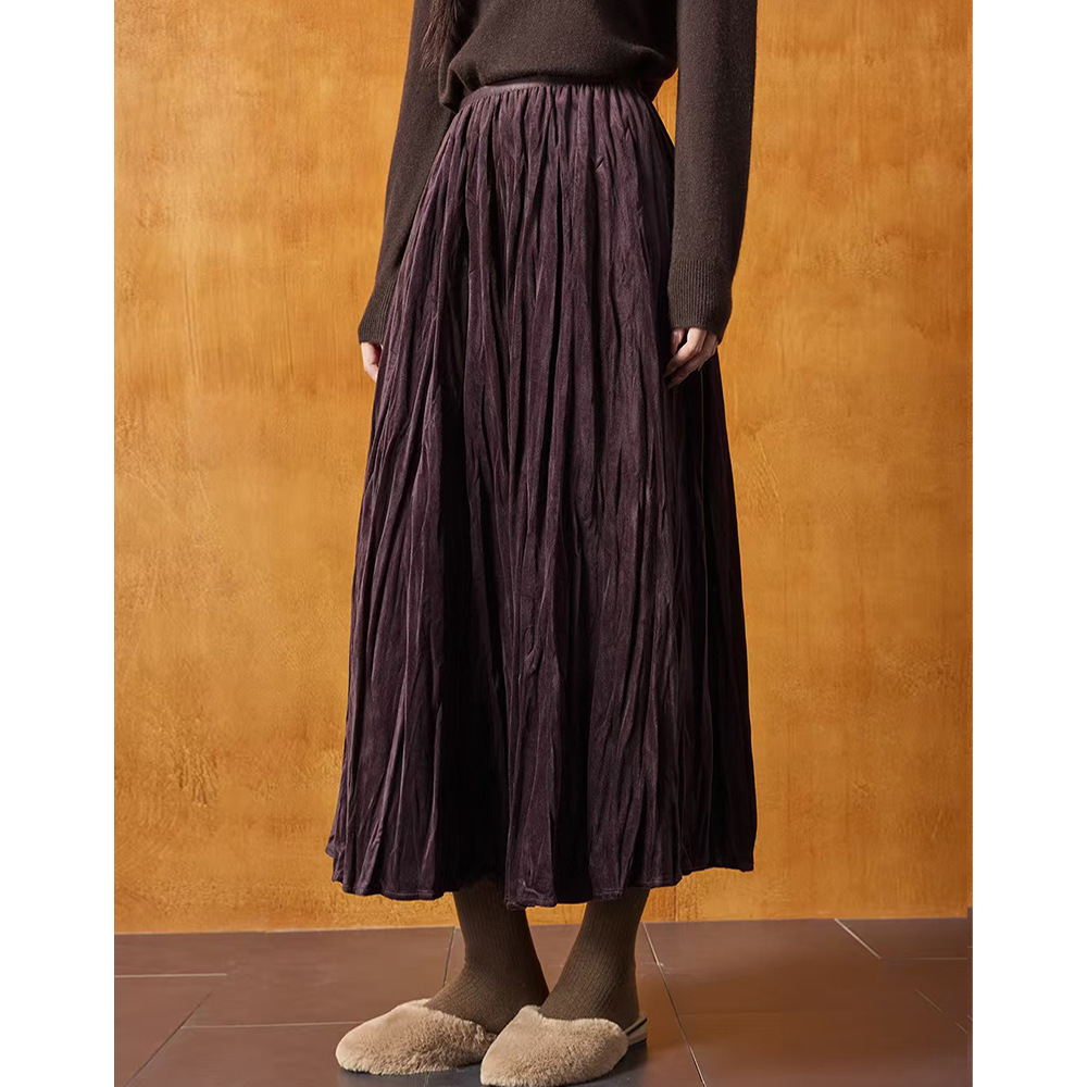 【盛都】25秋冬新法式复古高级感丝绒褶皱百搭不规则高腰半身裙女