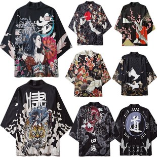 2023 Chinese Style Robe Popular Dragon Totem Ukiyo-e Kimono Cape National Fashion Summer Cardigan Seven-Sleeve Bathrobe
