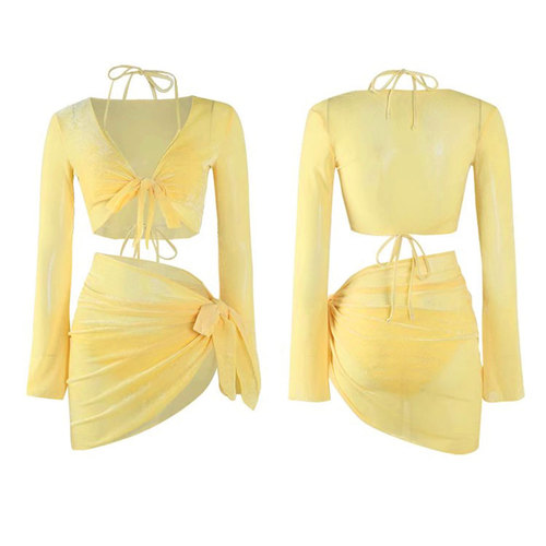 2025 new swimsuit women's four-piece set split long-sleeved sun protection holiday seaside yellow pure desire bikini