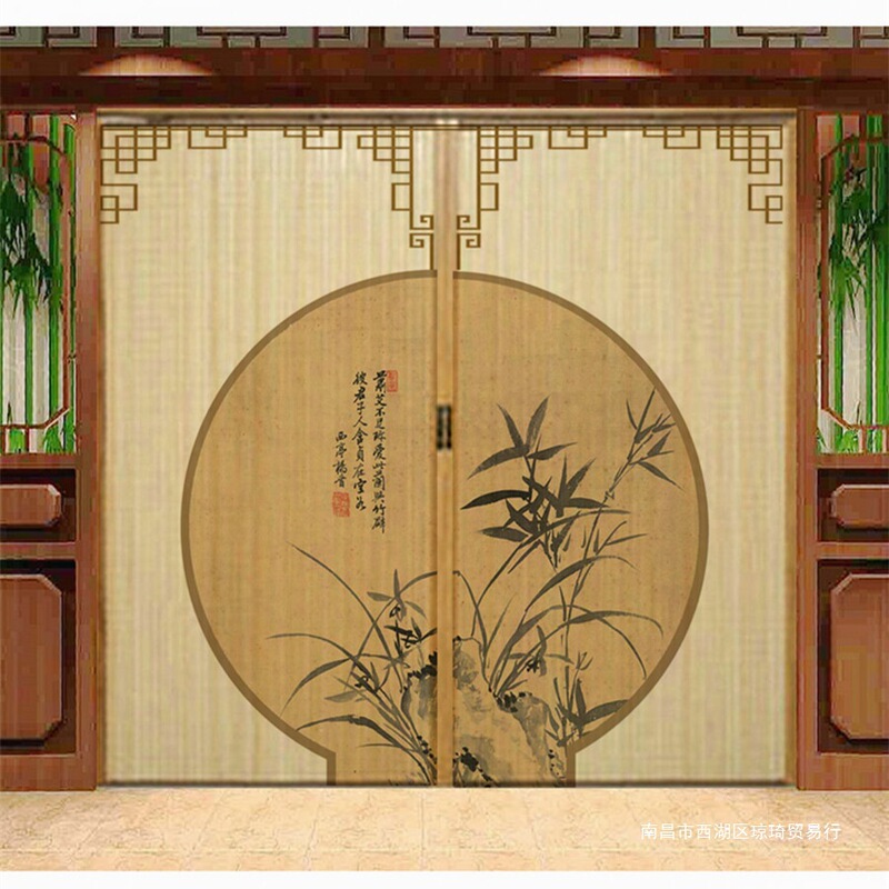 [New Style] Chinese Retro Printed Bamboo Curtain Door Commercial Sliding Door Folding Door Partition Door Curtain Shopping Mall Hotel Room