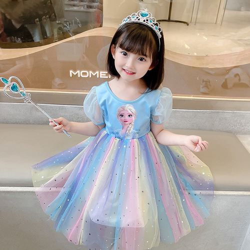 Princess Elsa Snow Queen Summer Children Rainbow Dress for Kids Baby Love Sarah New Girls' Dress