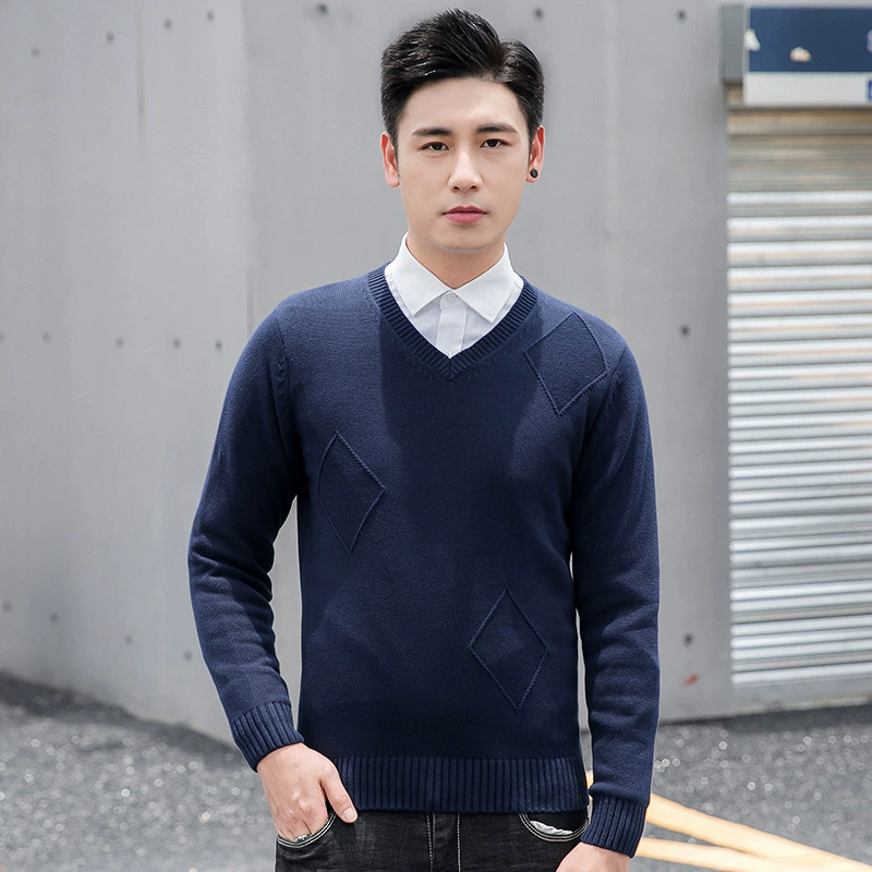 Осенне-Зимний пуловер с V-образным вырезом, базовый свитер, МОЛОДЕЖНЫЙ мужской однотонный вязаный свитер в Корейском стиле, жаккардовый свитер с длинным рукавом