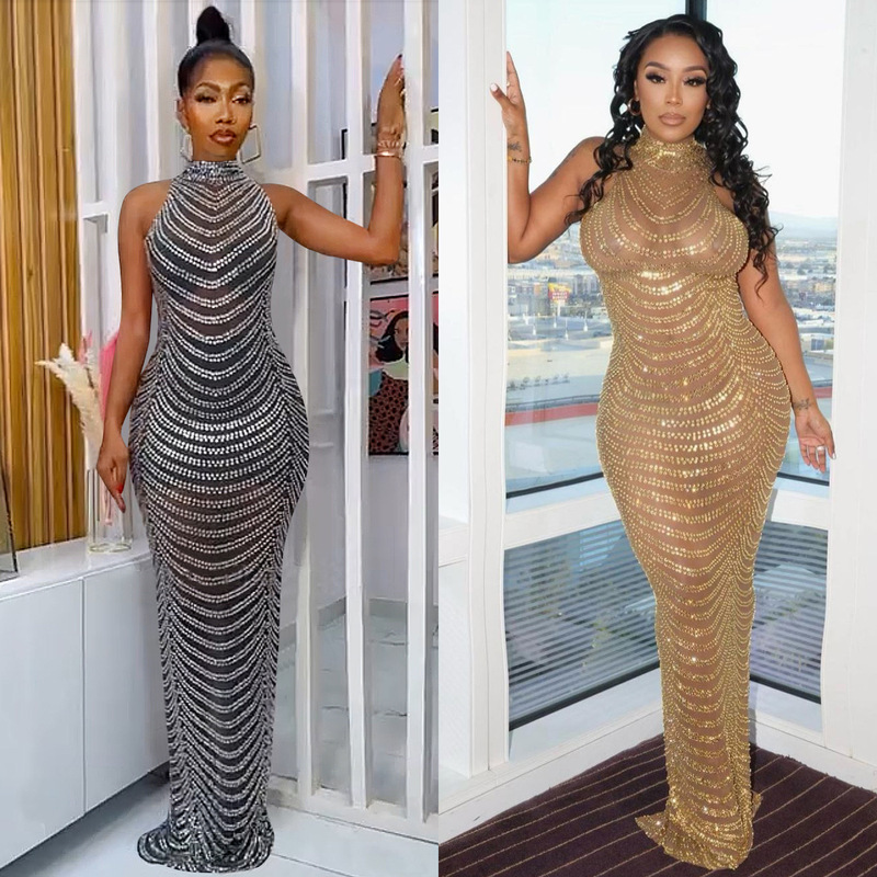 OS6777 Cross-border Summer New Product Amazon European and American Women's Sexy Mesh Perspective Nightclub Hot Drilling Dress Women