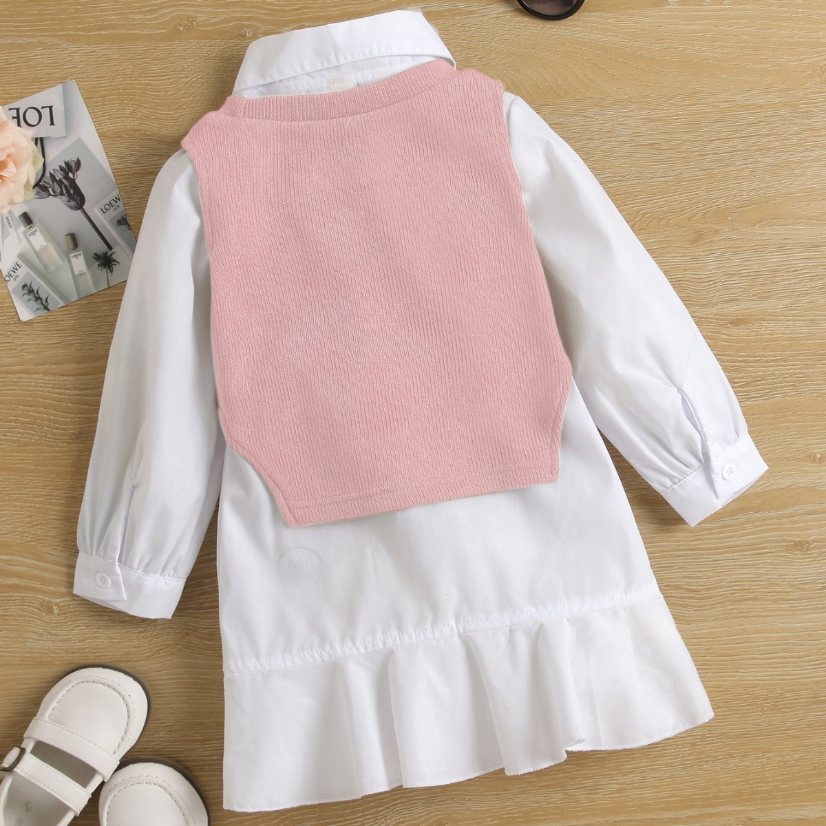 Mädchen herbst neue langarm rüschen prinzessin rock futter kleid gestrickte weste zwei-stück set_voghion.com