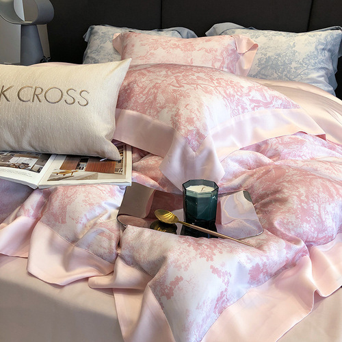 Princess Style Cherry Blossom Rain Embroidery 60 Tencel Four-piece Set for Summer Naked Sleeping Ice Silk Sheets and Quilt Covers Silky Bedding