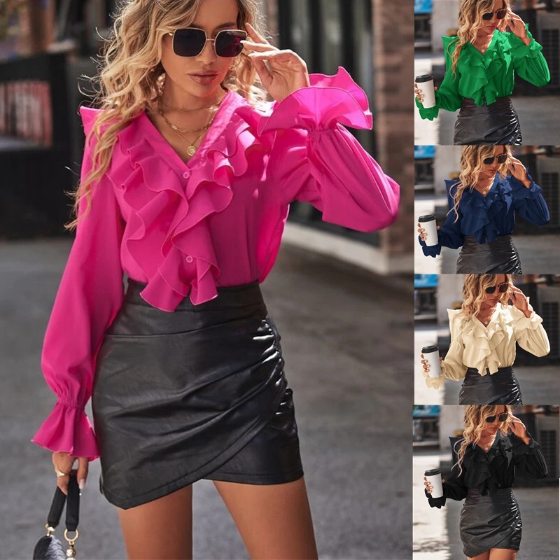 2026 European and American Amazon Independent Site Cross-Border Women's Clothing Autumn New V-Neck Ruffled Elegant Shirt for Women