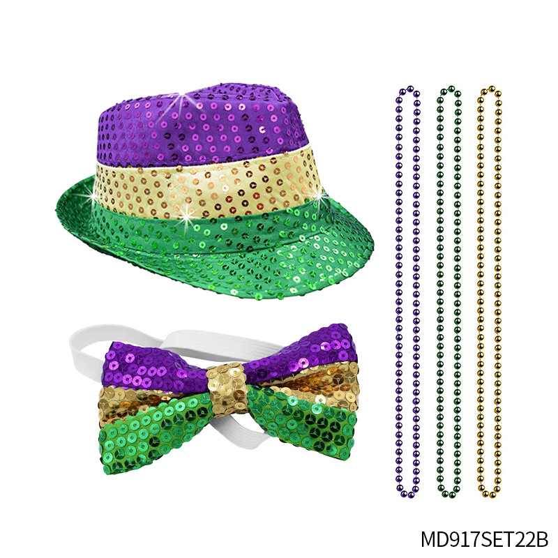 Accesorios para el Cabello de Carnaval de Mardi Gras, Máscara Tricolor, Corbata de Moño, Cadena de Cuentas Electrochapadas, Conjunto para Fiesta de Carnaval