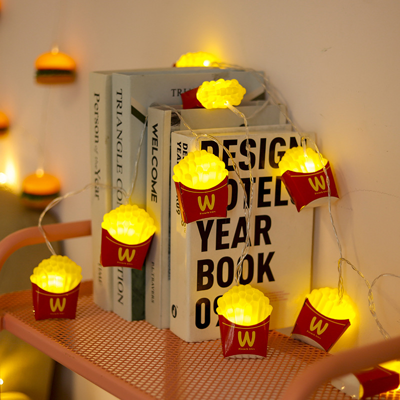 Nuevo LED helado luz cadena hamburguesa papas fritas luz decorativa de la habitación de los niños decoración del restaurante decoración de la fiesta de cumpleaños