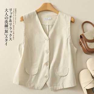 Actual Shot of 2025 New Retro Natural Casual Simple Design Pure Color Cotton and Linen V Neck Vest Jacket Vest