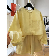高級ラミー長袖シャツ+ショートツーピースファッションスーツ、女性の夏の美しい着用、薄手のセット