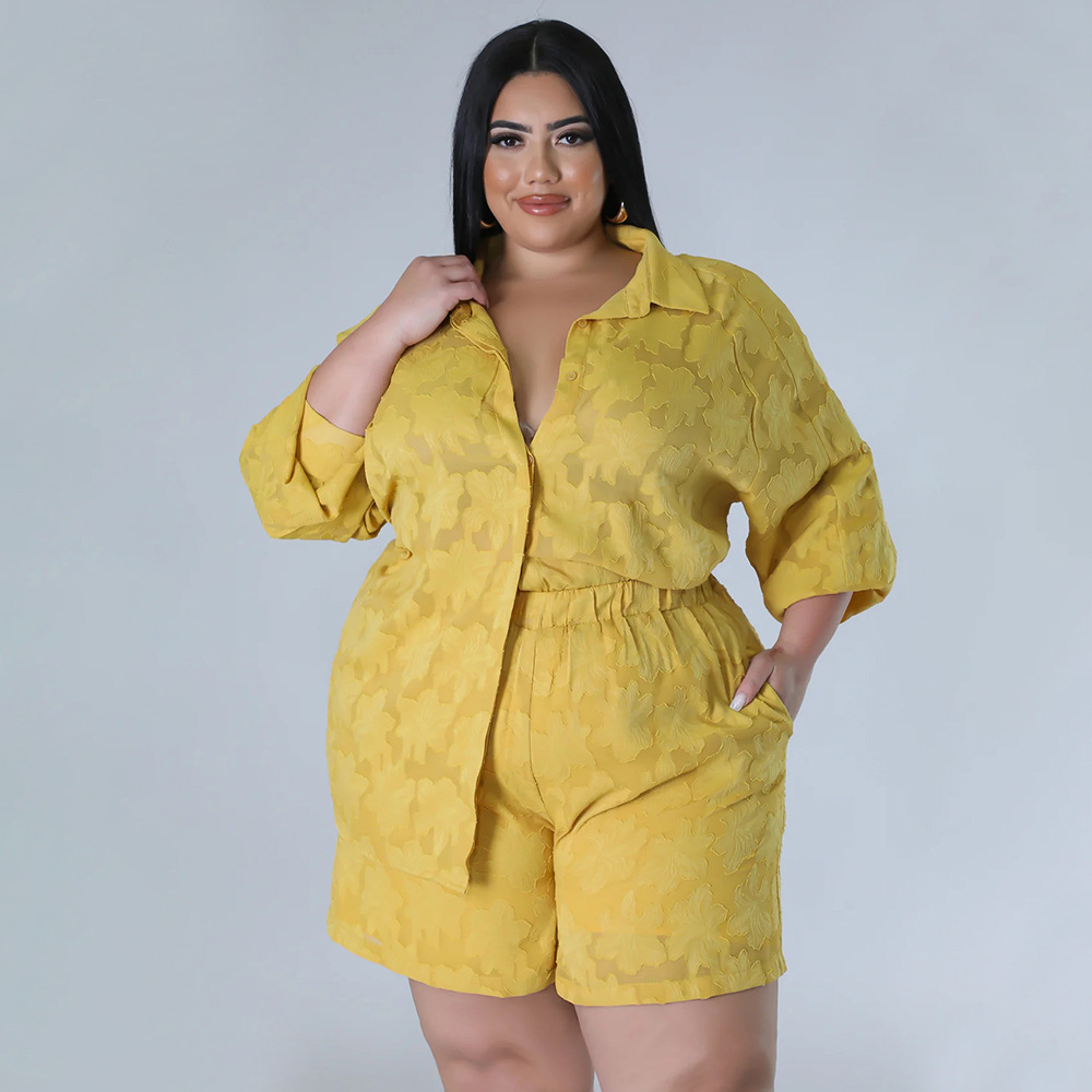 Spring Summer Women's Chiffon Jacquard Clothing Set Hollowed out Top And Shorts_ecoleips.com