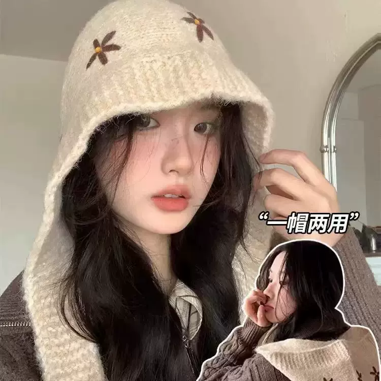 巴拉克拉法帽红色包头帽保暖防风护耳帽子围巾一体小花针织毛线帽