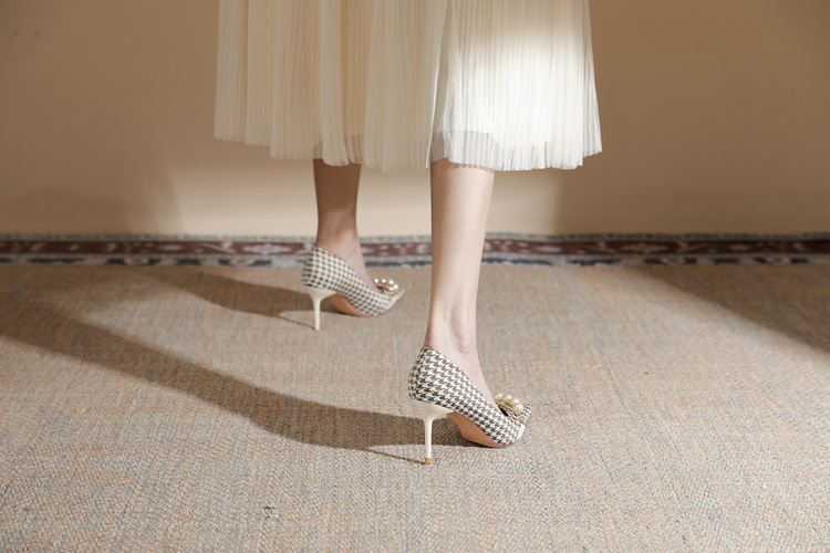 Xiao Xiangfeng High Heels Spring Pointed French Single Shoes Thousand Bird Plaid Temperament Celebrity Fine Heel Bridesmaid Shoes_voghion.com