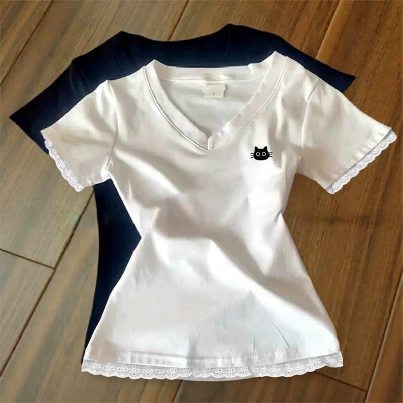 2026 New Summer Style Unique and Beautiful V Neck Top with Lace Trim and Waist-Cinching Blouse, Slim-Fitting Short-Sleeved T-Shirt for Women 2026 New Summer Style Unique and Beautiful V Neck Top with Lace Trim and Waist-Cinching Blouse, Slim-Fitting Short-Sleeved T-Shirt for Women