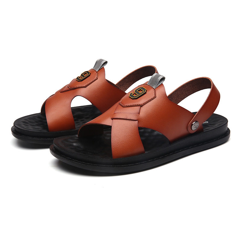 Dép sandal nam quai ngang hở ngón chất liệu da PU chống trơn trượt, thoáng khí — Màu kaki, Màu nâu, Nâu đỏ, Đen toàn bộ