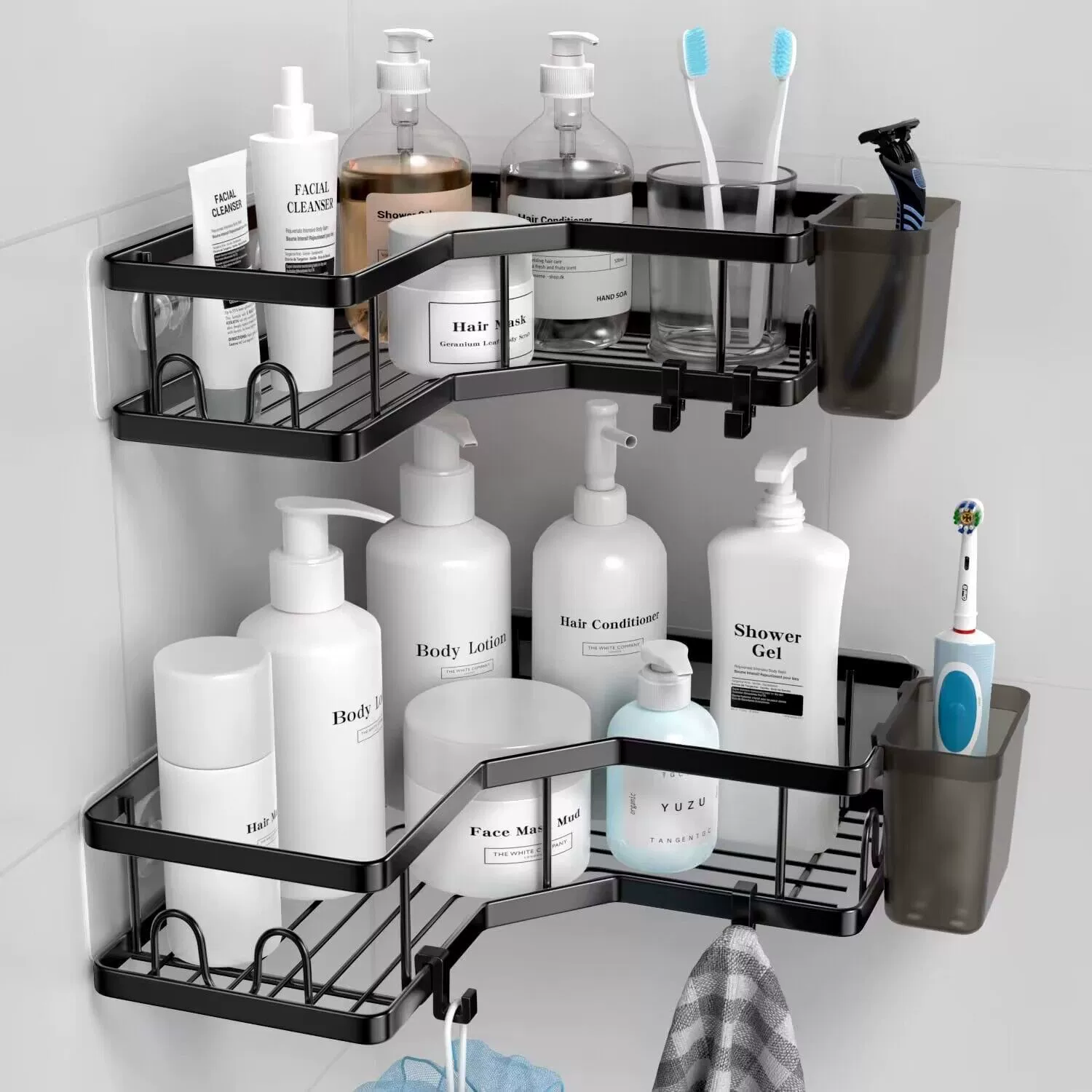 Corner bathroom shelf rack, no‑drill adhesive wall mount, L‑shaped corner storage, assorted sets