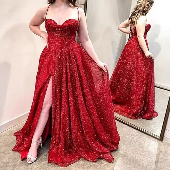 European and American Amazon Aliexpress Wish Women's Evening Dress with Straps, Sexy Slit, Long Elegant Ball Gown Evening Dress