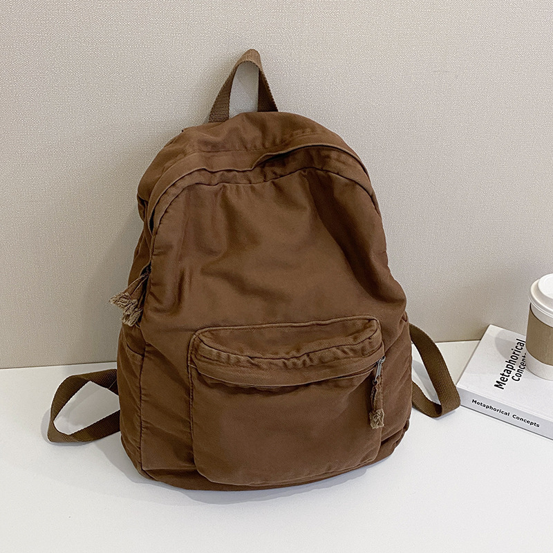 Korean and Japanese Style Ins Washed Canvas Backpack with Small Floral Rope, Simple and Fashionable Retro Versatile Literary Backpack