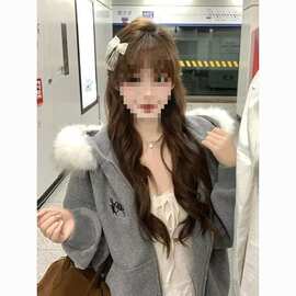 秋冬新款连帽毛领大衣女春秋季保暖显瘦高级休闲拉链蓝色卫衣外套