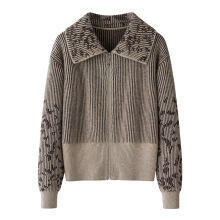 7针元宝针提花纯山羊绒针织开衫 加厚翻领落肩袖撞色时尚女士毛衣