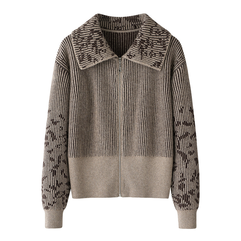 7针元宝针提花纯山羊绒针织开衫 加厚翻领落肩袖撞色时尚女士毛衣