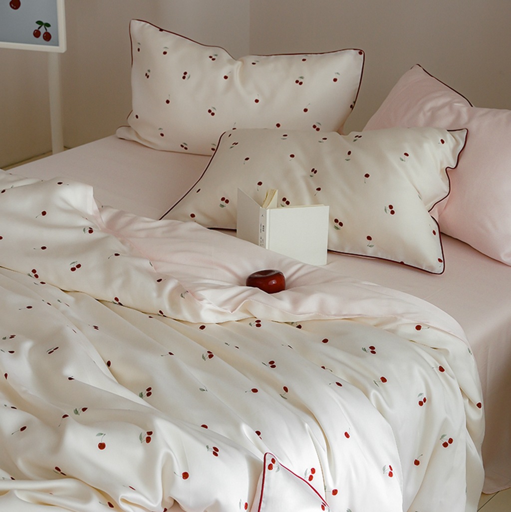 Austrian Lenzing Tencel Sheet Set For Girls Cherry Print Ice Silk_voghion.com