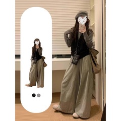 小香风早秋韩系穿搭一整套女秋季2025新款灰色吊带上衣阔腿裤套装