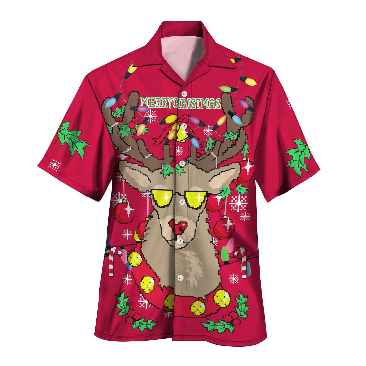 3D estampado digital patrón de alce festivo serie roja venta directa de fábrica camisa con cuello cubano MB33