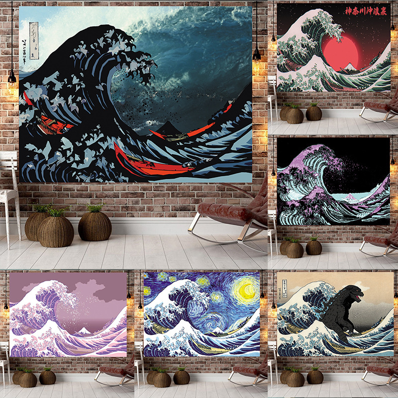 Cross-Border Japanese Tapestry Ukiyoe Kanagawa Surfing Hanging Cloth Room Decoration Cloth Background Wall Cloth Made According to Drawings