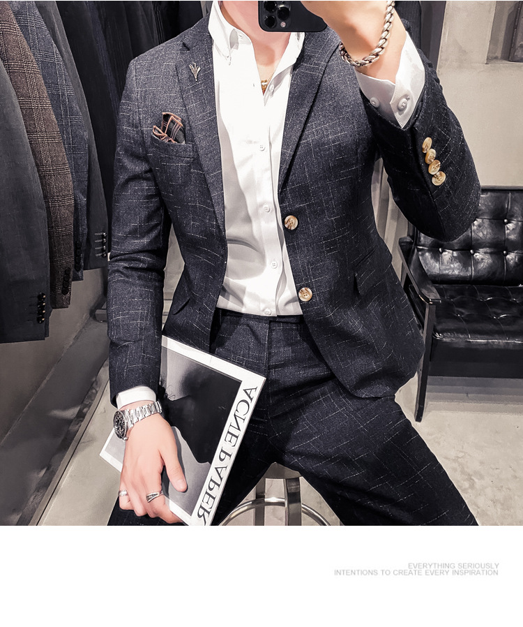Men's Slim Fit Suit With Dark Pattern Two Button Jacket And Trousers_voghion.com