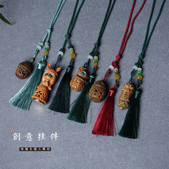 原創天然綠檀木精雕掛件DIY手持流蘇鑰匙扣車吊墜木質文玩手把件