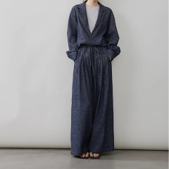 现货厂家批发 新款亚麻棉牛仔套装高ji假两件外套宽松阔腿长裤女