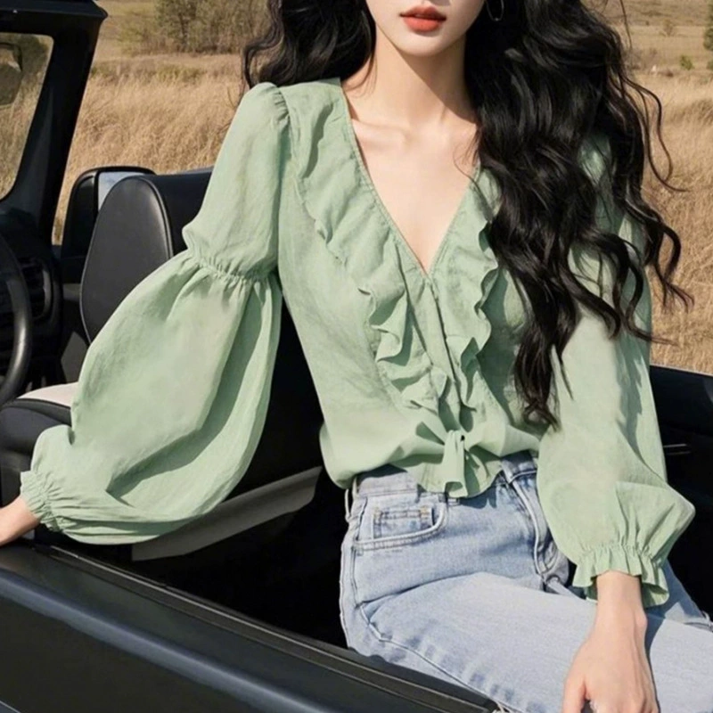 2025 новый весенний топ темперамент легкий и зрелый модный дикий продвинутый маленький ароматный ветер зеленый шифоновая рубашка женский