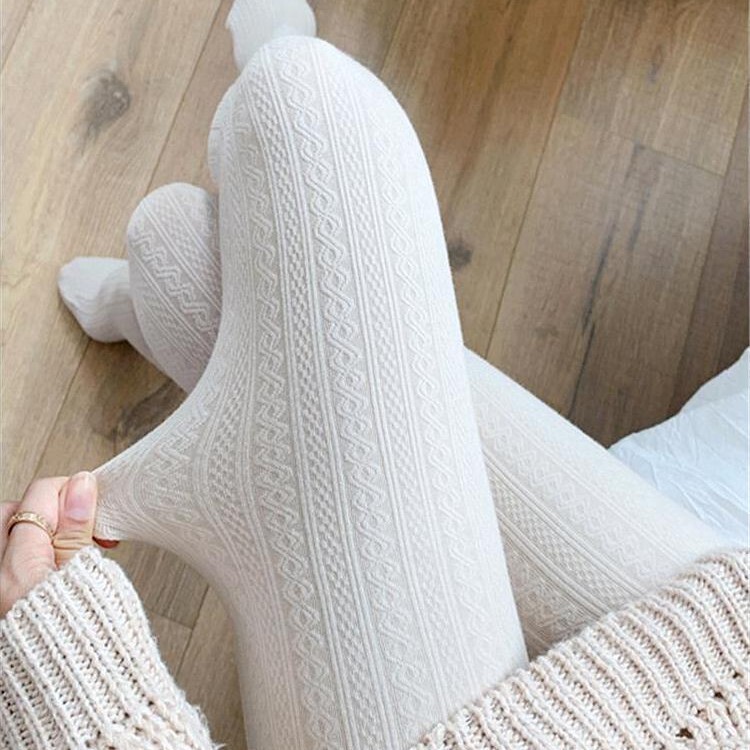 Autumn and Winter White Pantyhose Knitted Vertical Stripesd Hemp Pattern White Stockings Pure Desire Winter Velvet Thickeneded Warm Base Socks