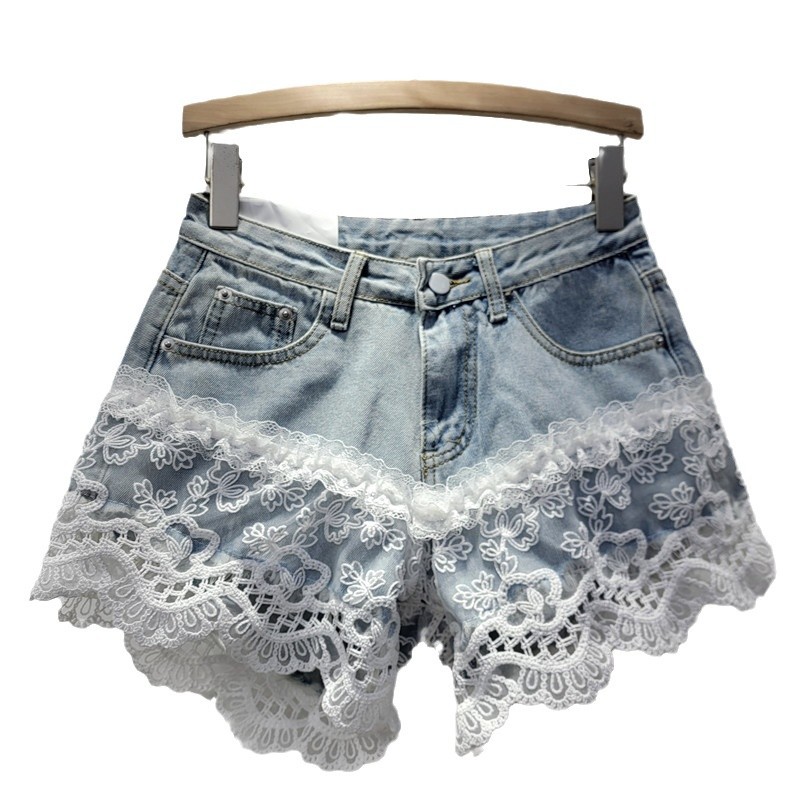 Pantalones Cortos Vaqueros Corte A de Cintura Alta con Bordado de Encaje image 5