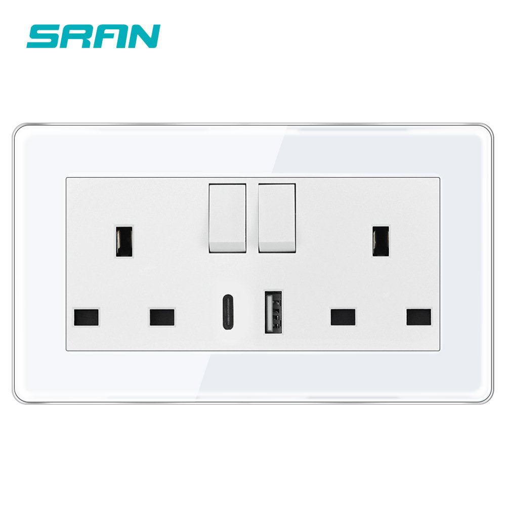 跨境入墙式146型双联英插USB+Type-c带开关新加坡2.5D曲面玻璃