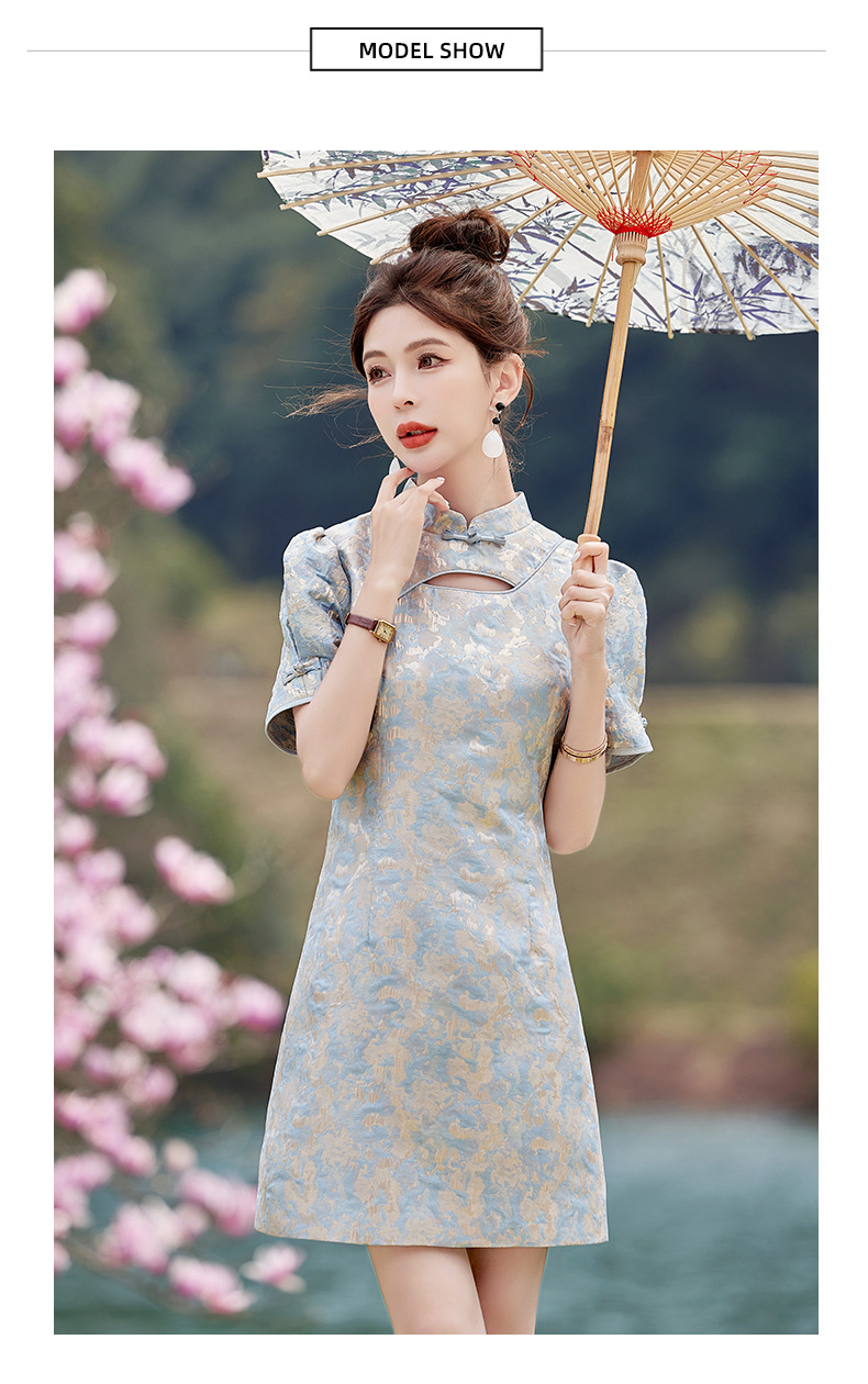 Váy maxi nữ phong cách Trung Quốc mới, cổ đứng cúc bọc, dáng dài vừa phải, thanh lịch thời trang — Màu xanh lam, Màu hồng chi tiết 22