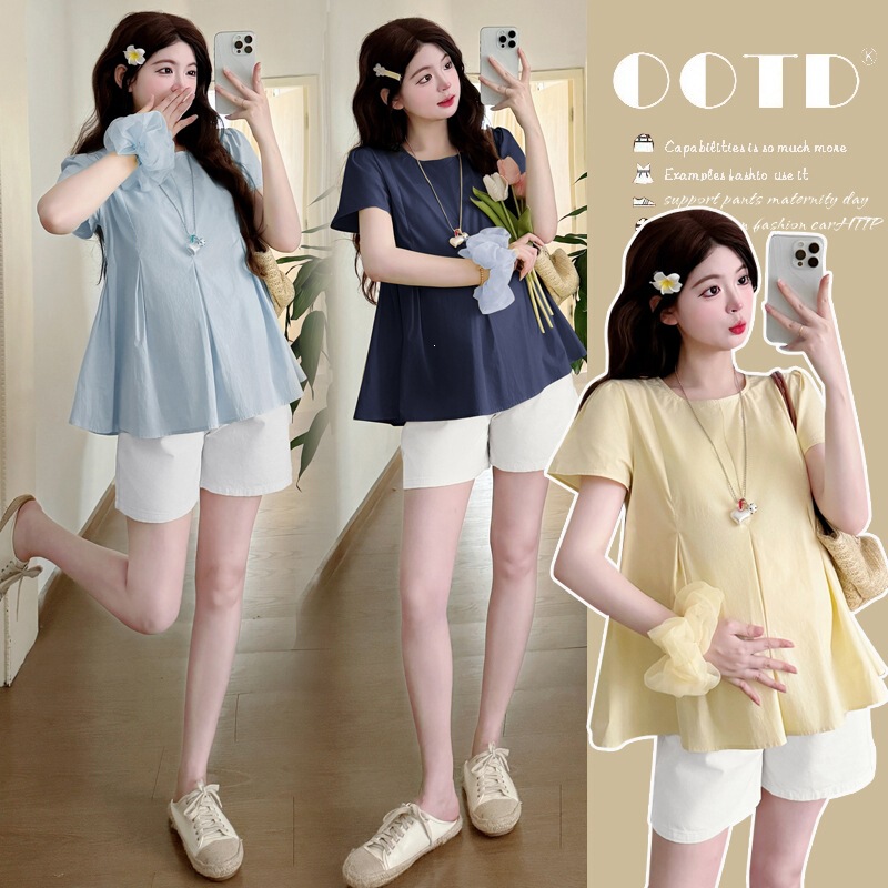 Age-Reducing and Comfortable French-Style New Summer Cute Babydoll Shirt for Pregnant Women, Loose Blouse, Plus-Size Women's Clothing, Light Blue