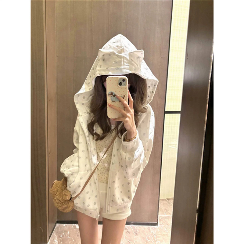 American Cute Kitten Ears Hooded Sweatshirt for Women Autum 2025 New Korean Style Jacket Baseball Uniform