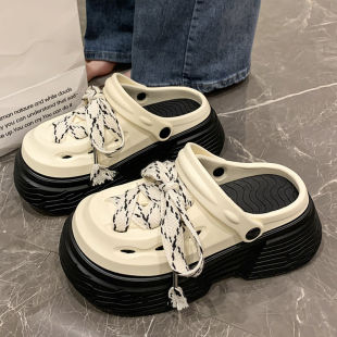 Trendy and Unique Black Lace-Up Clogs for Women, Summer Versatile Eva Closed-Toe Sandals for Outdoor Wear